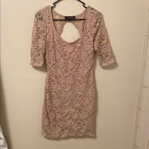 Cream Mini Sheath Dress with Short Cuffed Sleeves for Cocktail